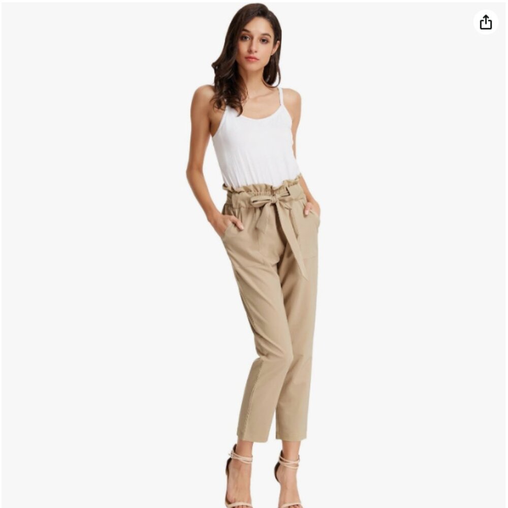GRACE KARIN Paper Bag Waist Pants | S | Slim Fit Casual Khaki Stretch Tie Belt